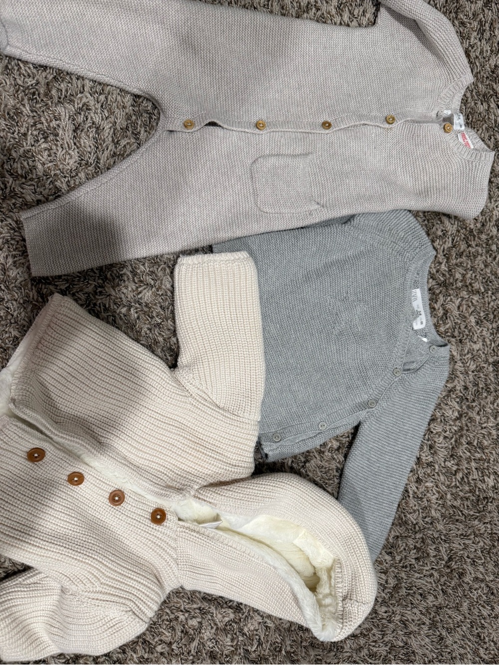 Nordstrom Cream Hooded Knit Baby Jacket and Zara romper and sweater